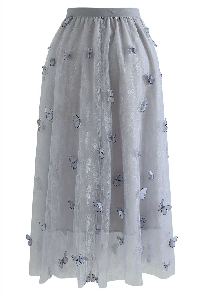 Double-Layered 3D Butterfly Lace Mesh Skirt in Grey