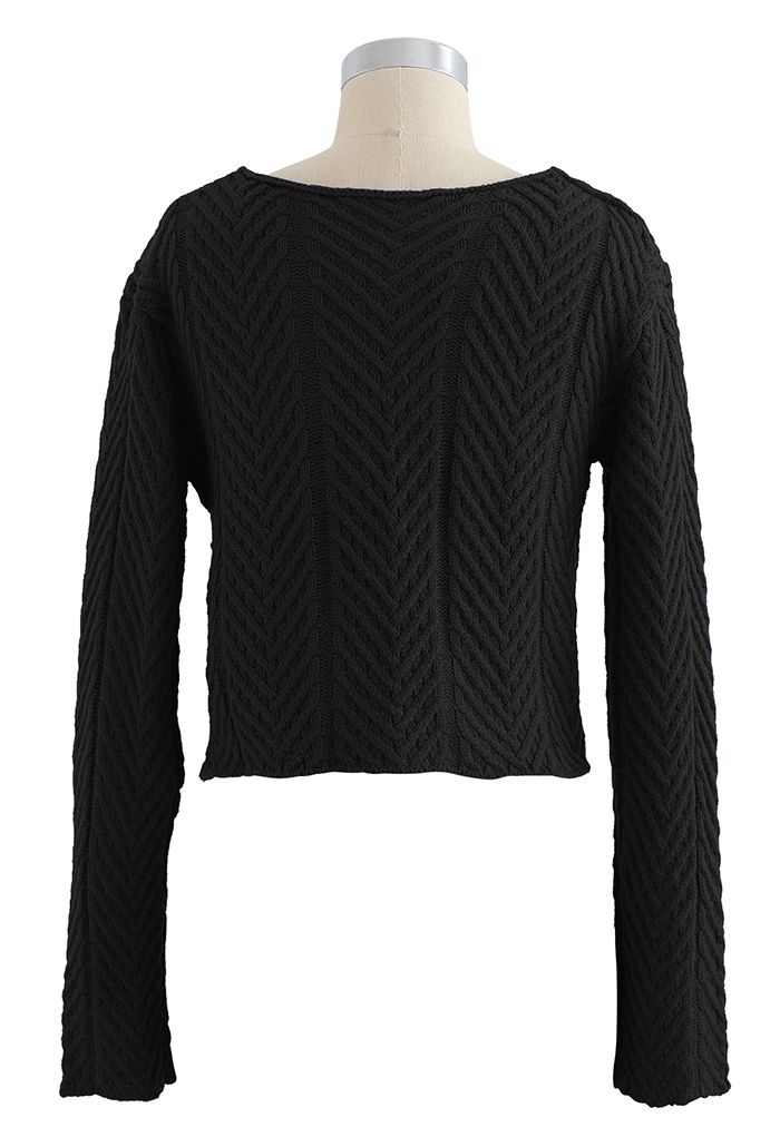 Plunging Wrap Tie Crop Knit Sweater in Black