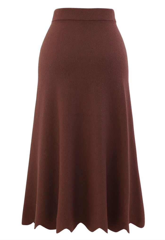 Scrolled Hem Button Knit Midi Skirt in Rust Red