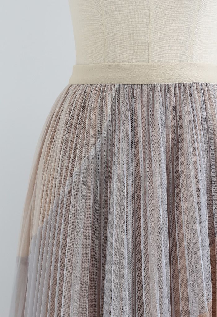 Multi Color Double-Layered Pleated Tulle Midi Skirt in Light Tan