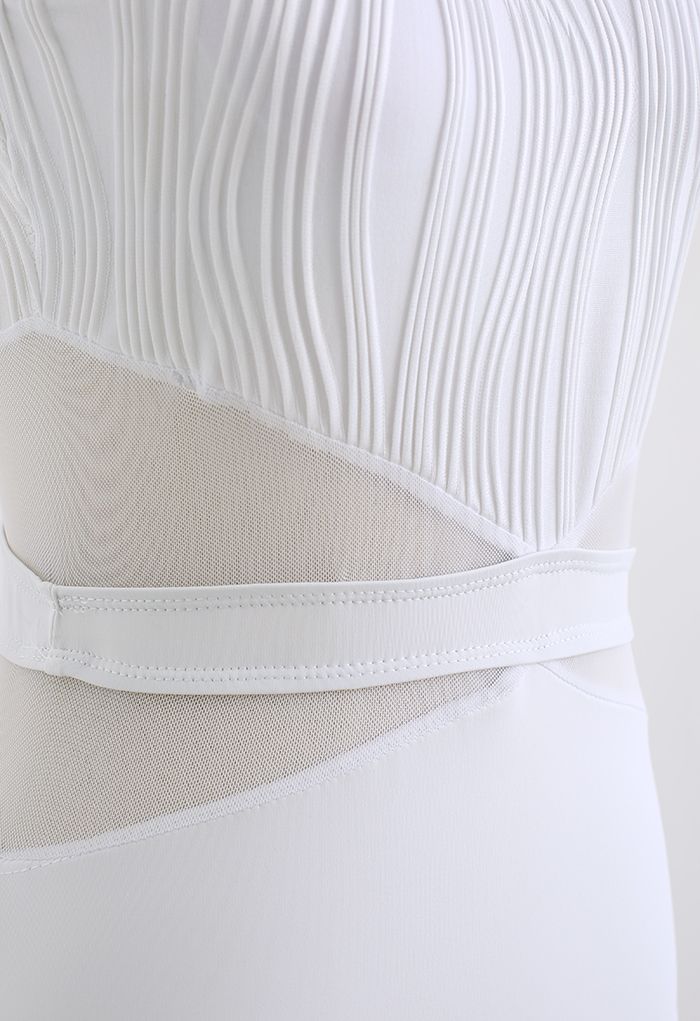 Pintuck Decor Mesh Spliced Swimsuit in White