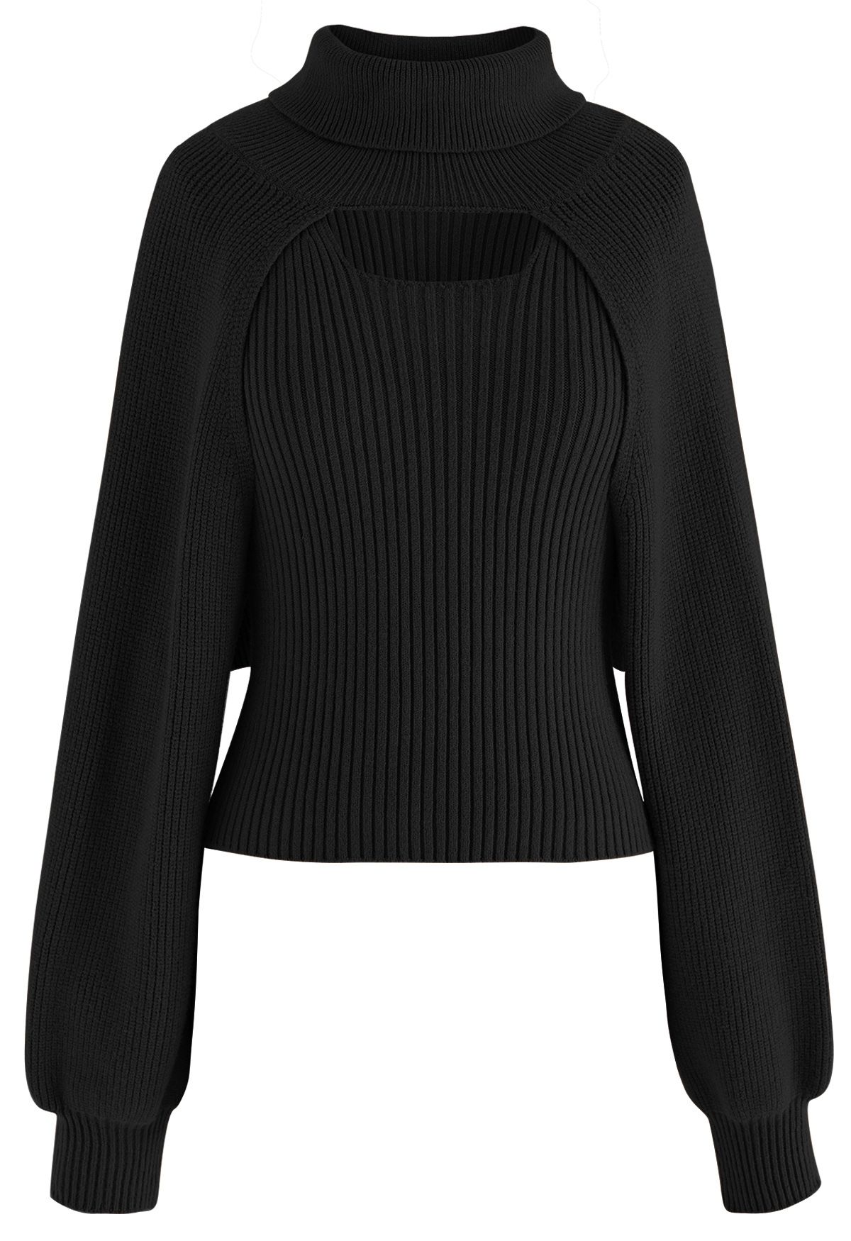 Turtleneck Rib Knit Twinset Top in Black