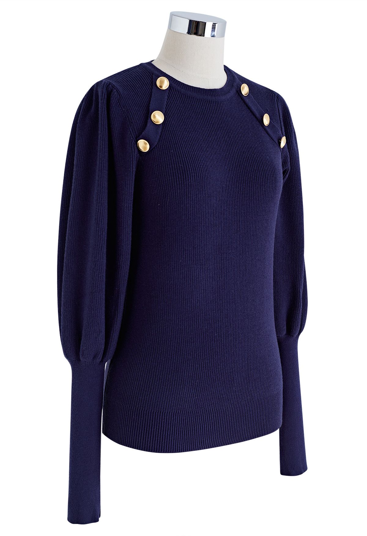 Bubble Sleeves Button Trimmed Knit Top in Navy