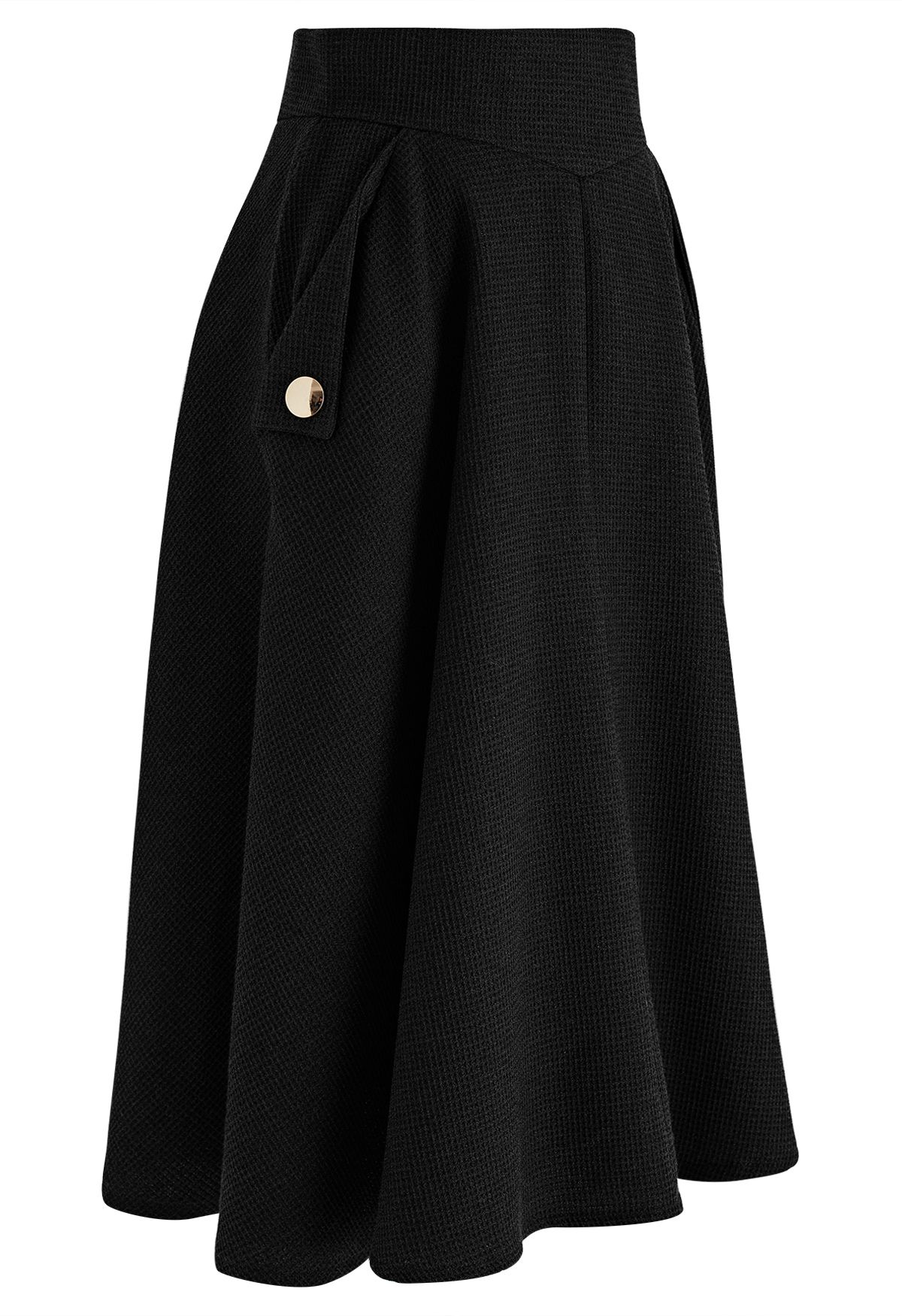 Waffle Texture A-Line Midi Skirt in Black