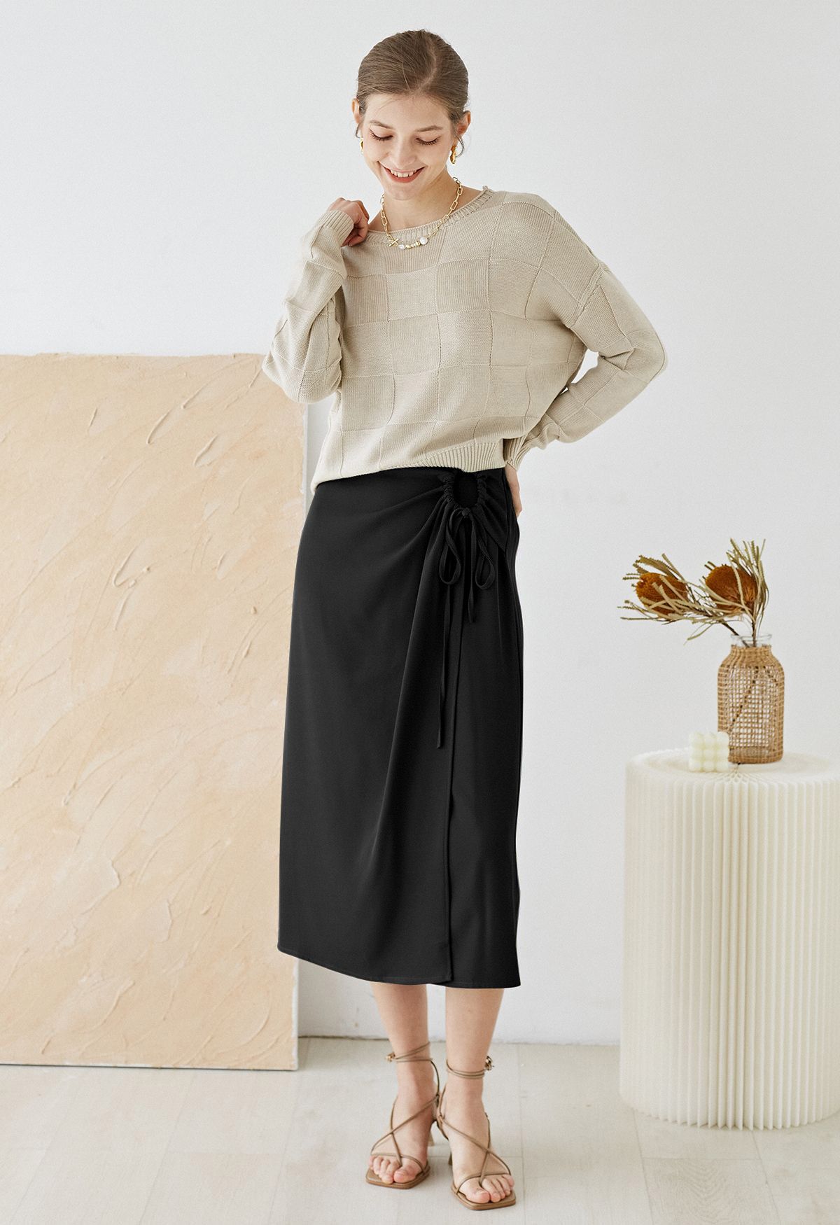 Side Drawstring Flap Midi Skirt in Black