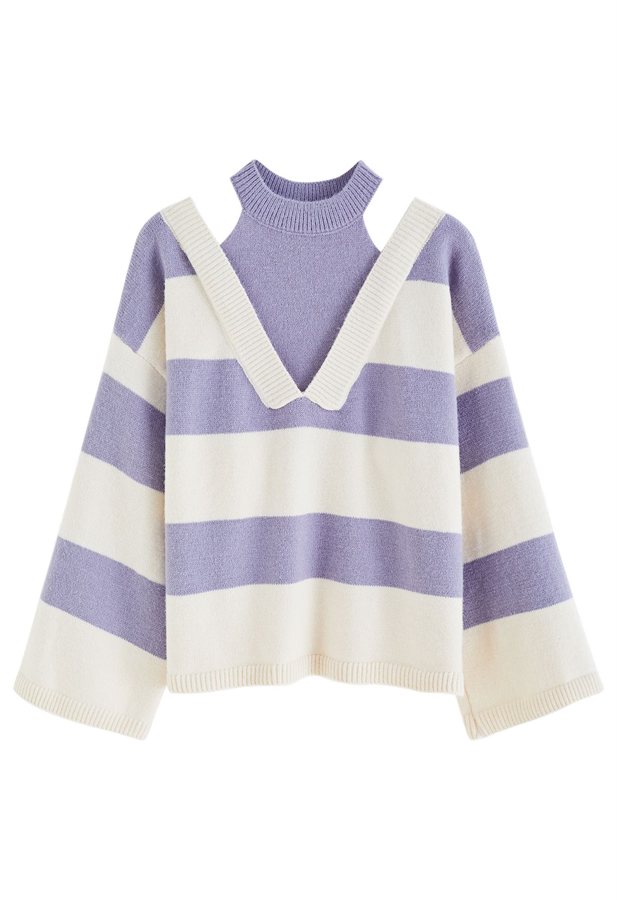Fake Two-Piece Cold-Shoulder Striped Sweater in Purple