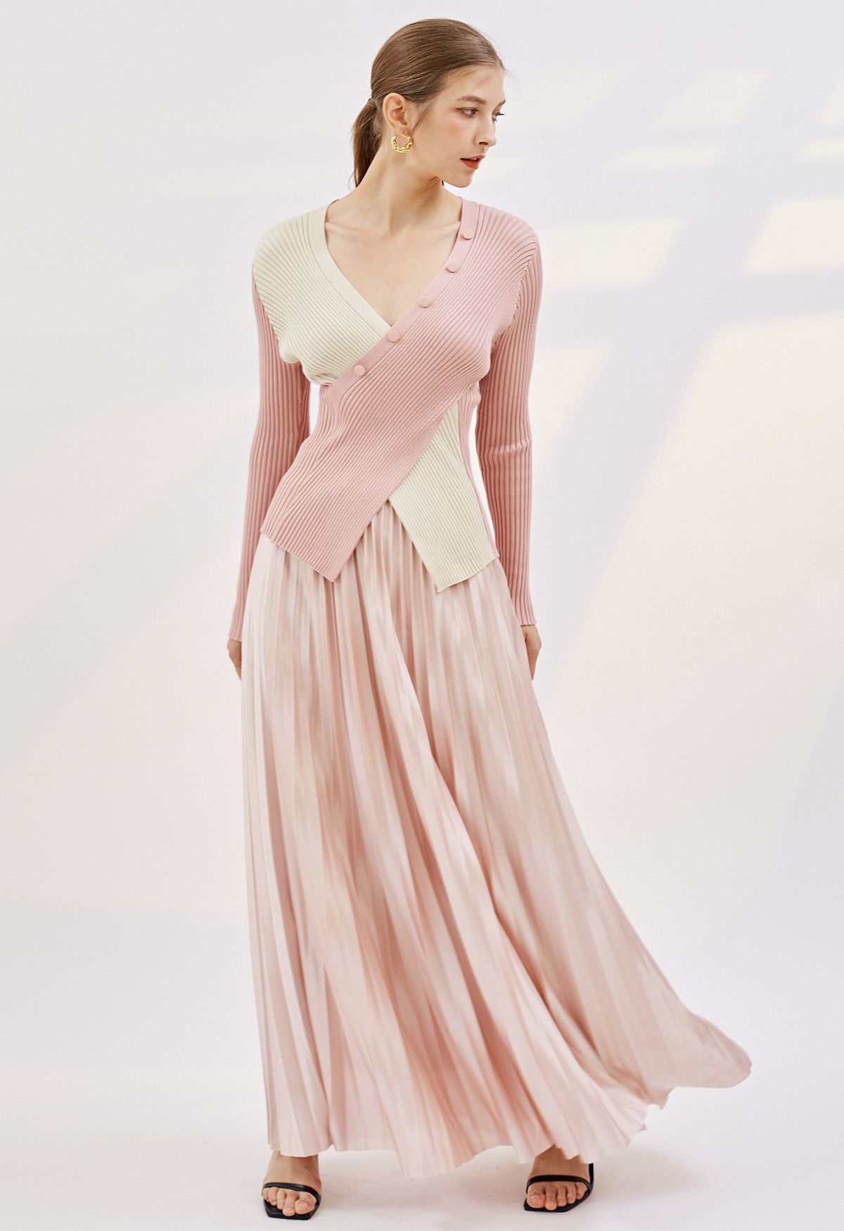 Glossy Pleated Maxi Skirt in Nude Pink