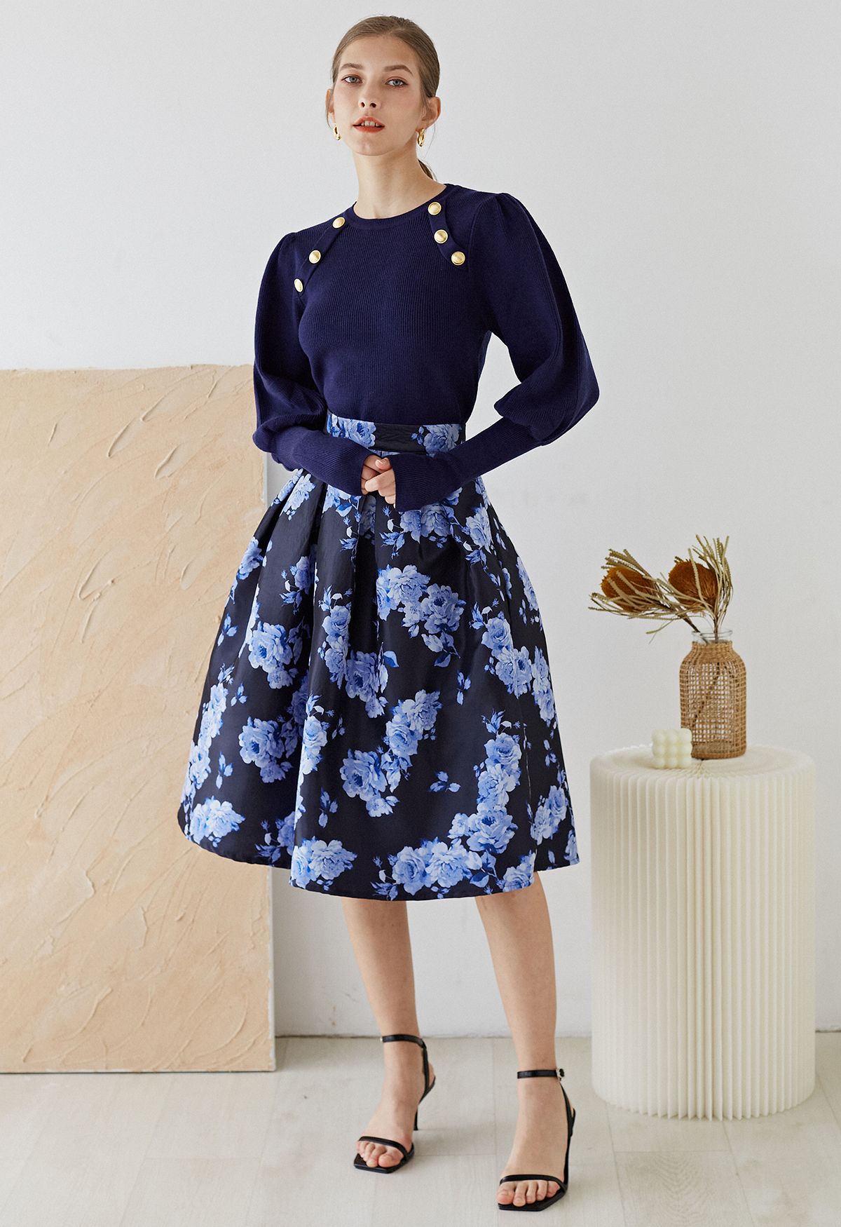 Midnight Blossom Blue Peony Jacquard Pleated Midi Skirt