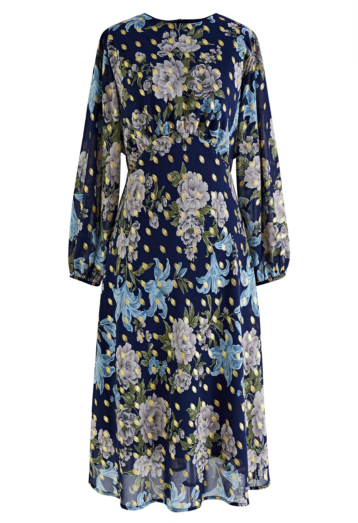 Floral to See Midi Dress with Gold Spot in Navy