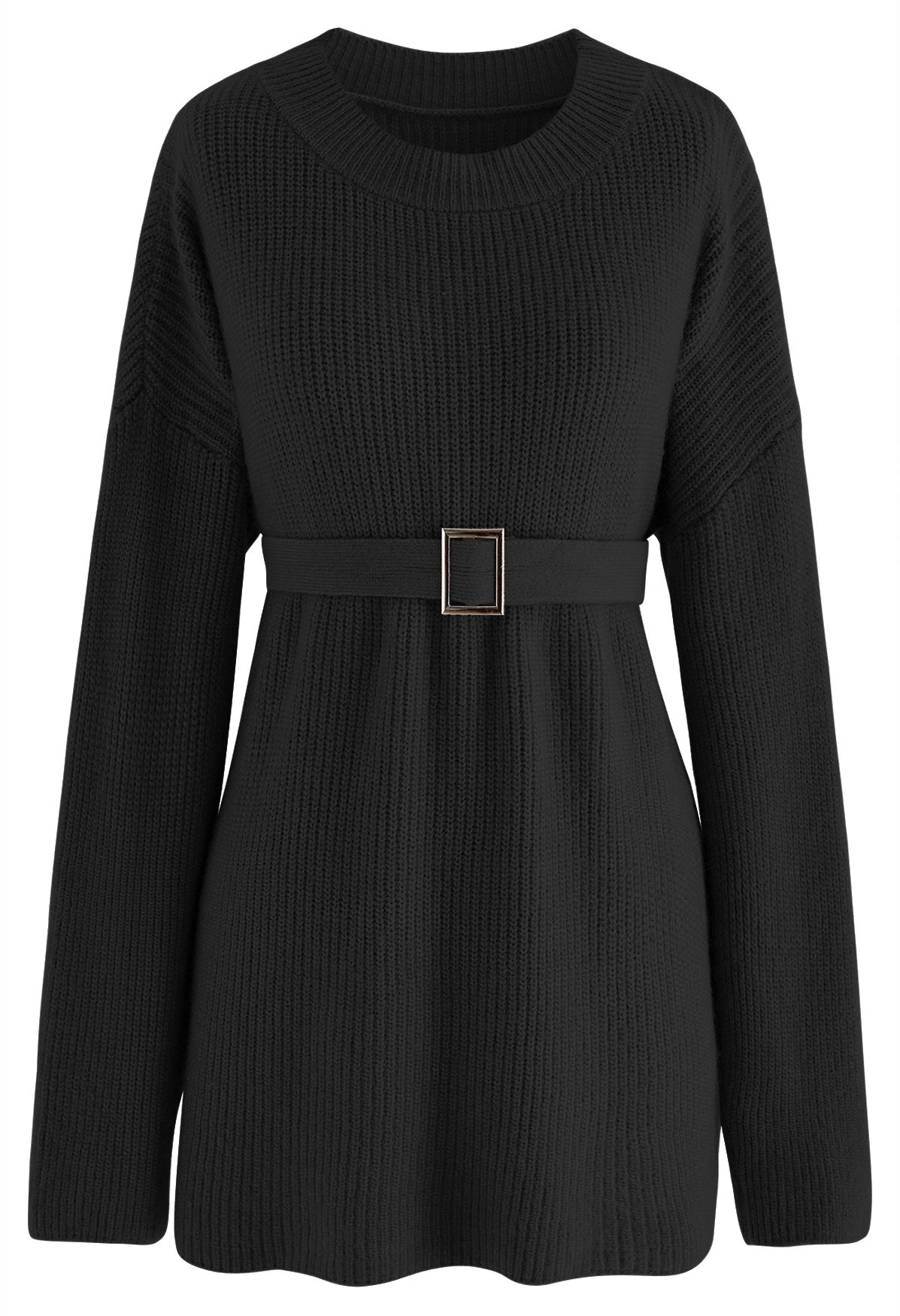 Belted Ribbed Longline Sweater in Black