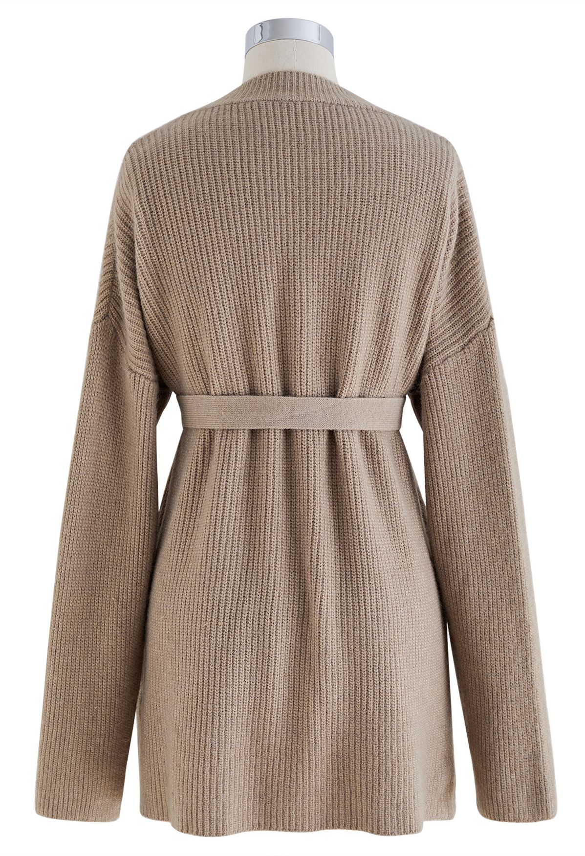 Belted Ribbed Longline Sweater in Tan