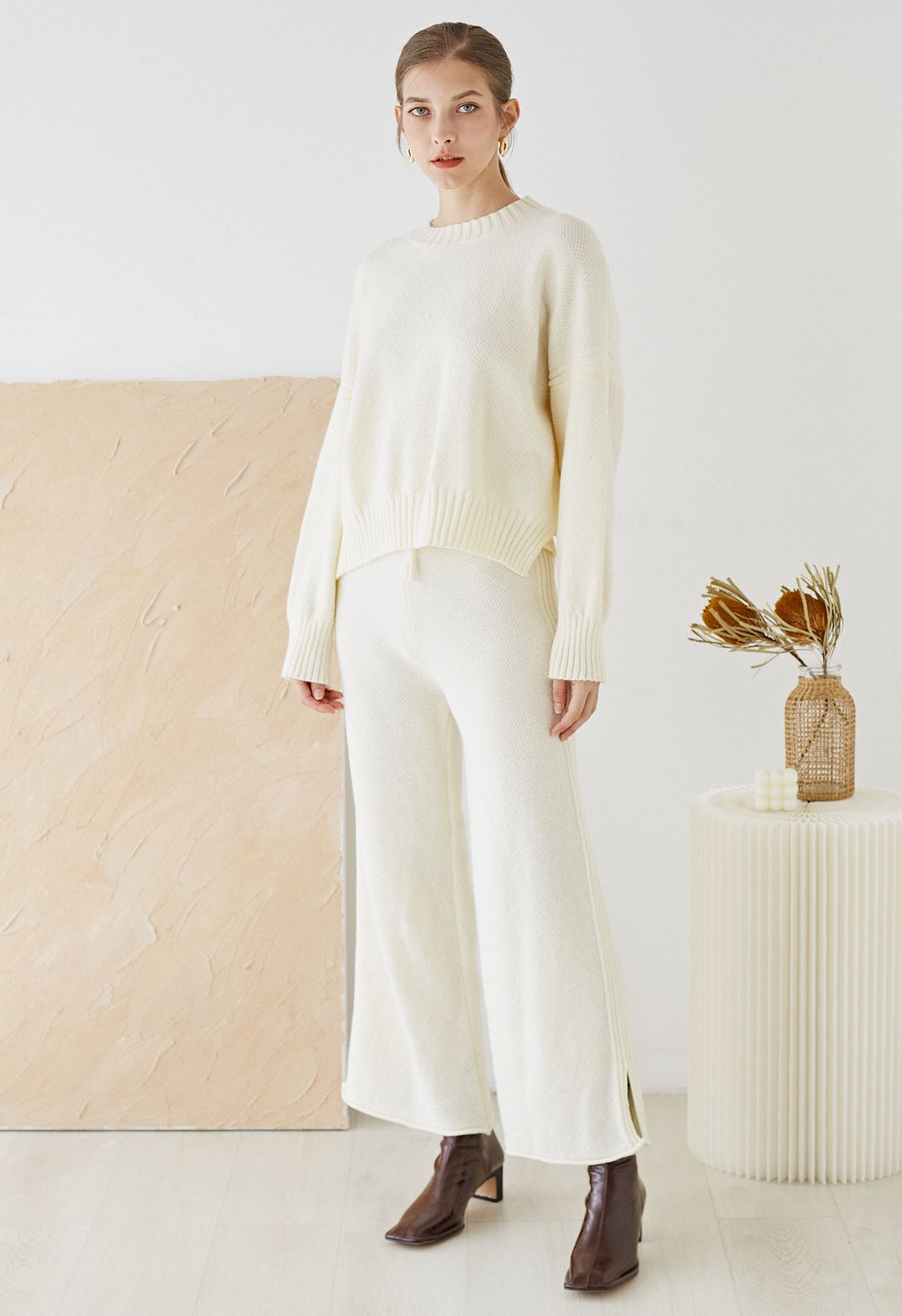 Waffle Knit Hi-Lo Sweater and Wide Leg Pants Set in Cream