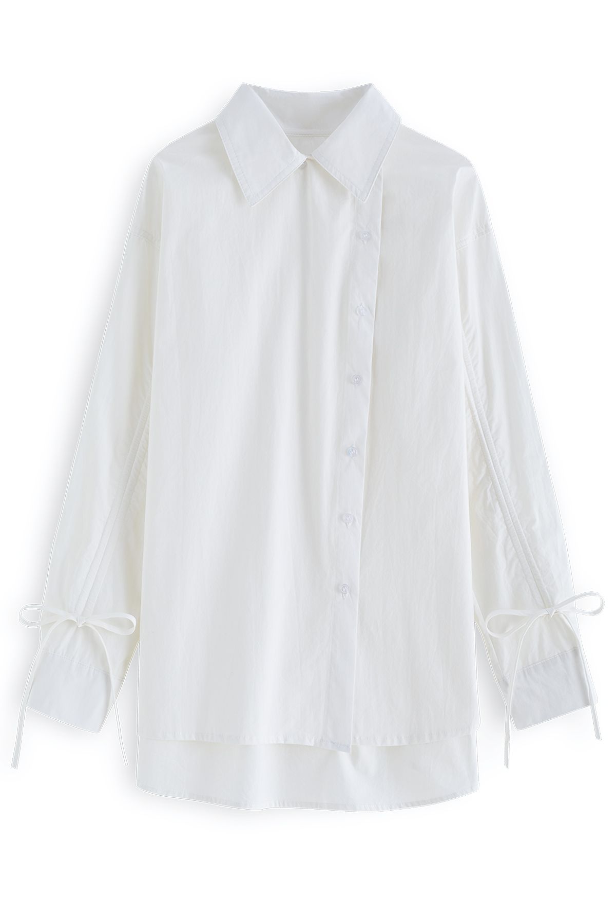 Drawstring Sleeves Button Down Cotton Shirt in White