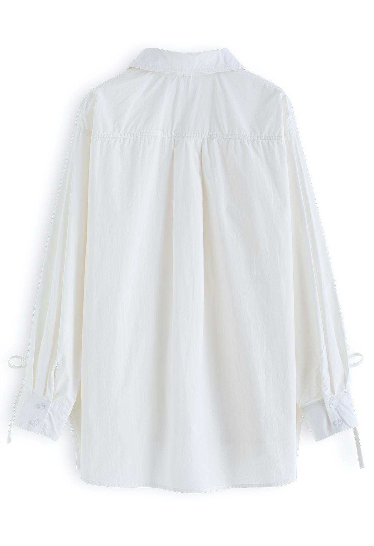 Drawstring Sleeves Button Down Cotton Shirt in White