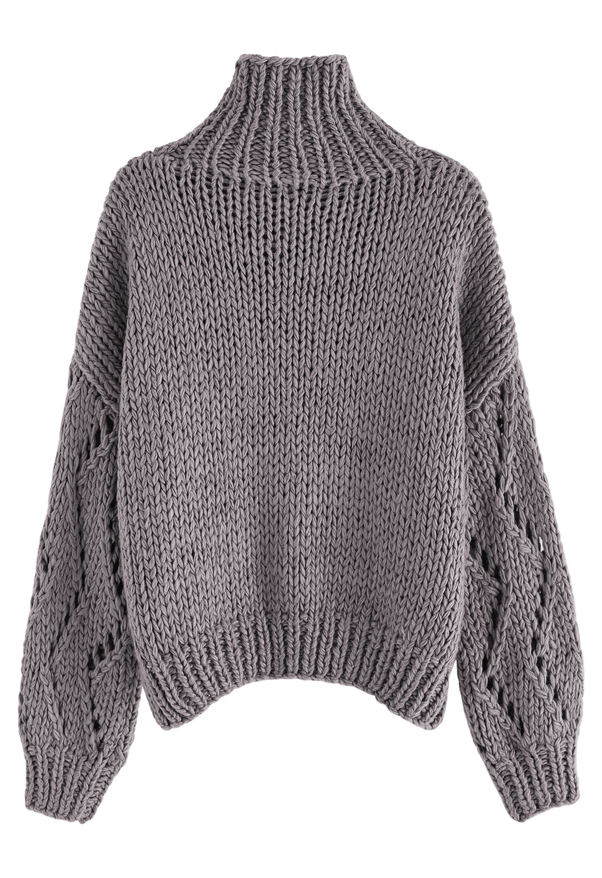 Pointelle Sleeve High Neck Hand-Knit Sweater in Dusty Purple