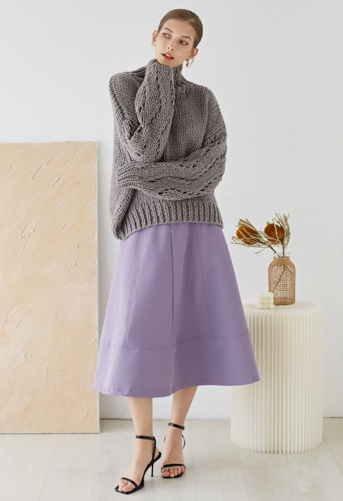 Pointelle Sleeve High Neck Hand-Knit Sweater in Dusty Purple