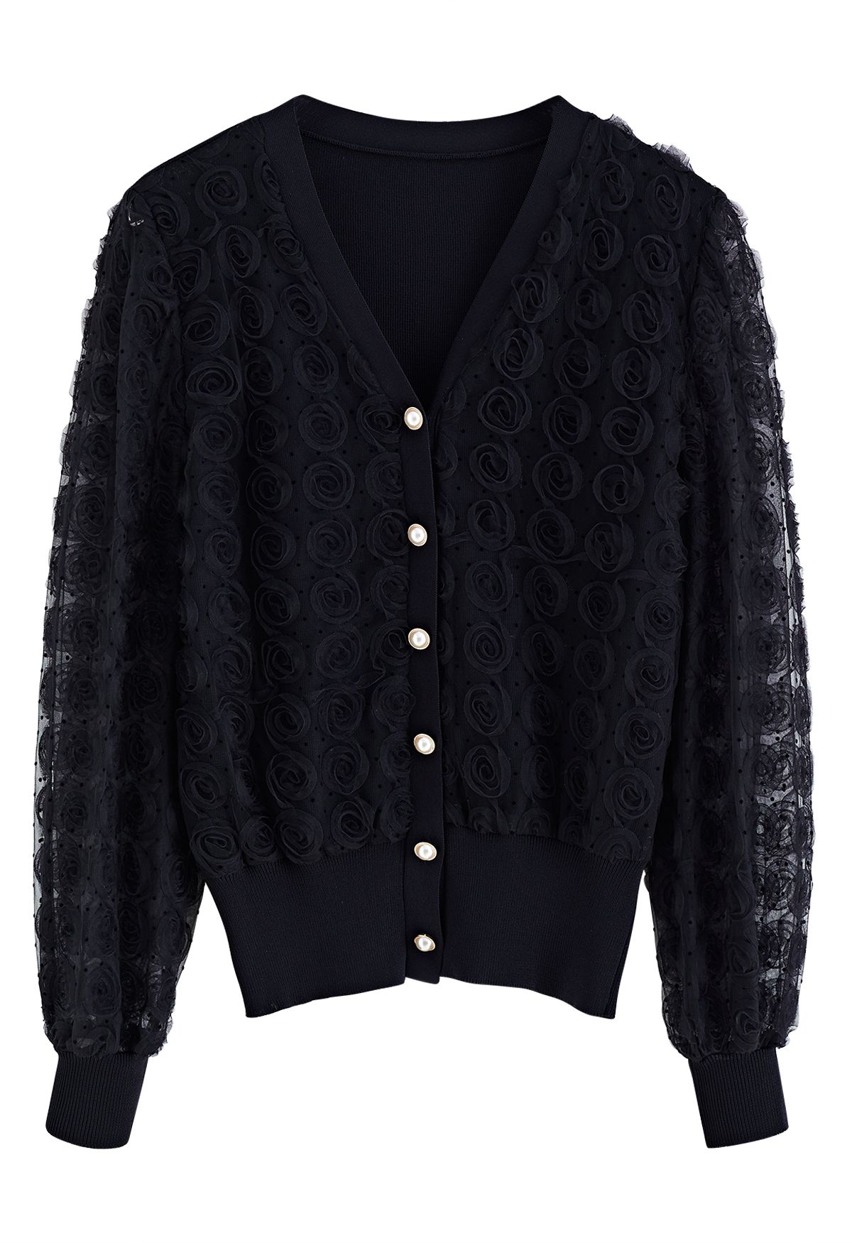 3D Rose Button Down Mesh Knit Top in Black