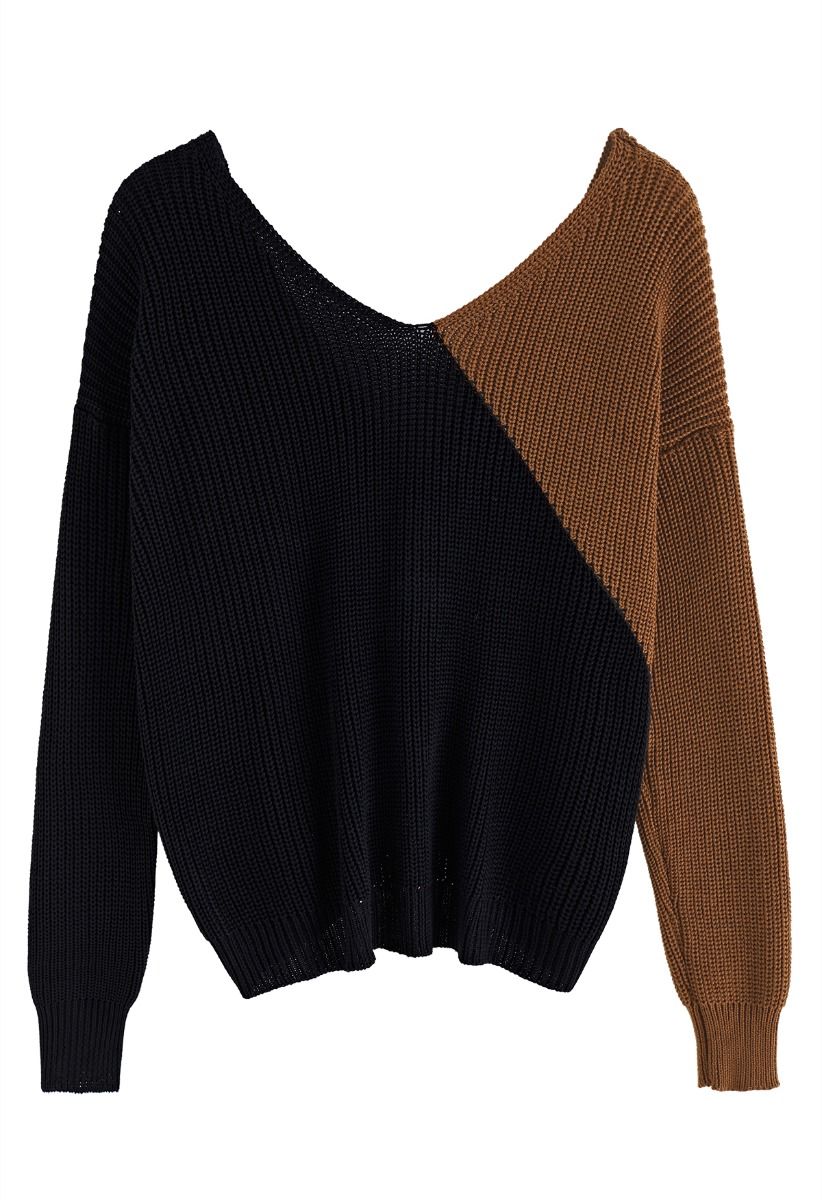 V-Neck Twist Front Two-Tone Sweater in Brown