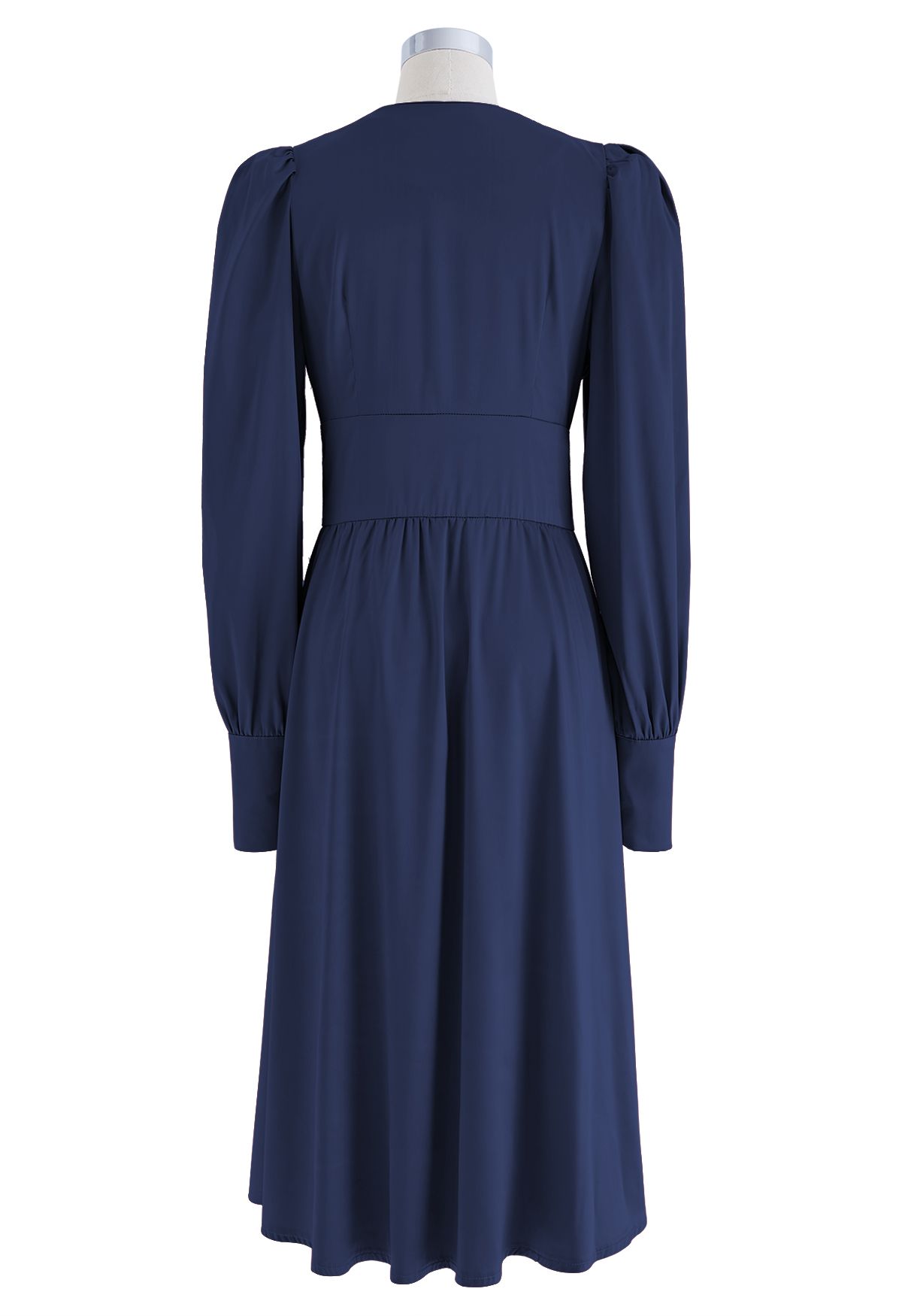 Puff Sleeves Button Up Satin Midi Dress in Navy