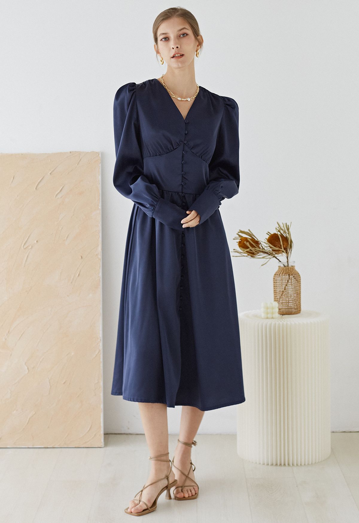 Puff Sleeves Button Up Satin Midi Dress in Navy