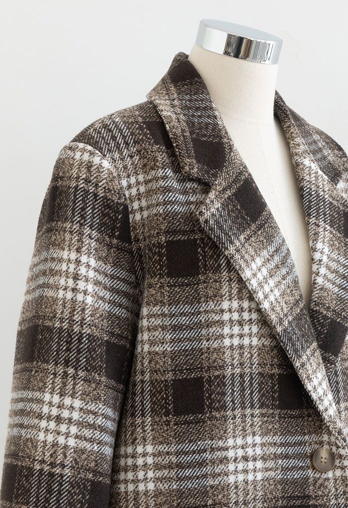 Brown Tartan Wool-Blend Longline Coat
