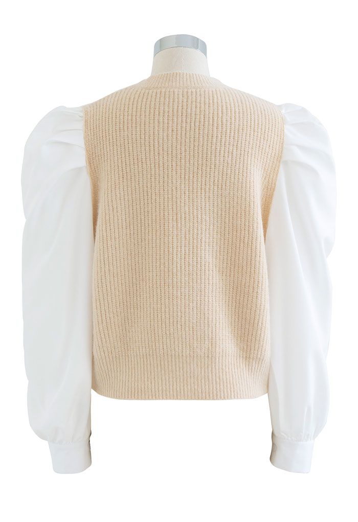 Puff Sleeve Spliced Braid Knit Top in Cream