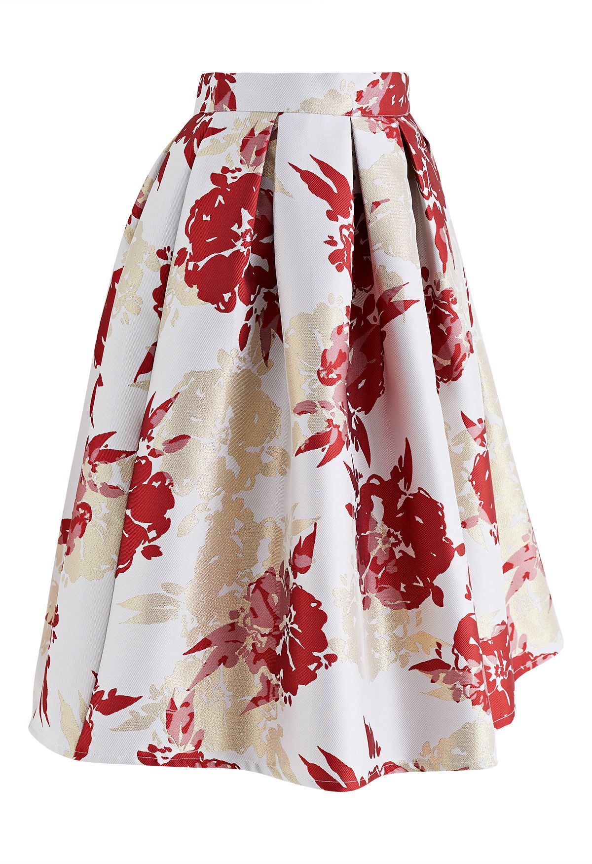 Blooming Floral Jacquard Pleated Midi Skirt in Red