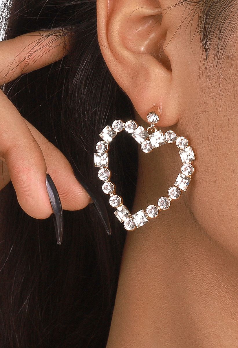 Hollow Out Heart Rhinestone Earrings