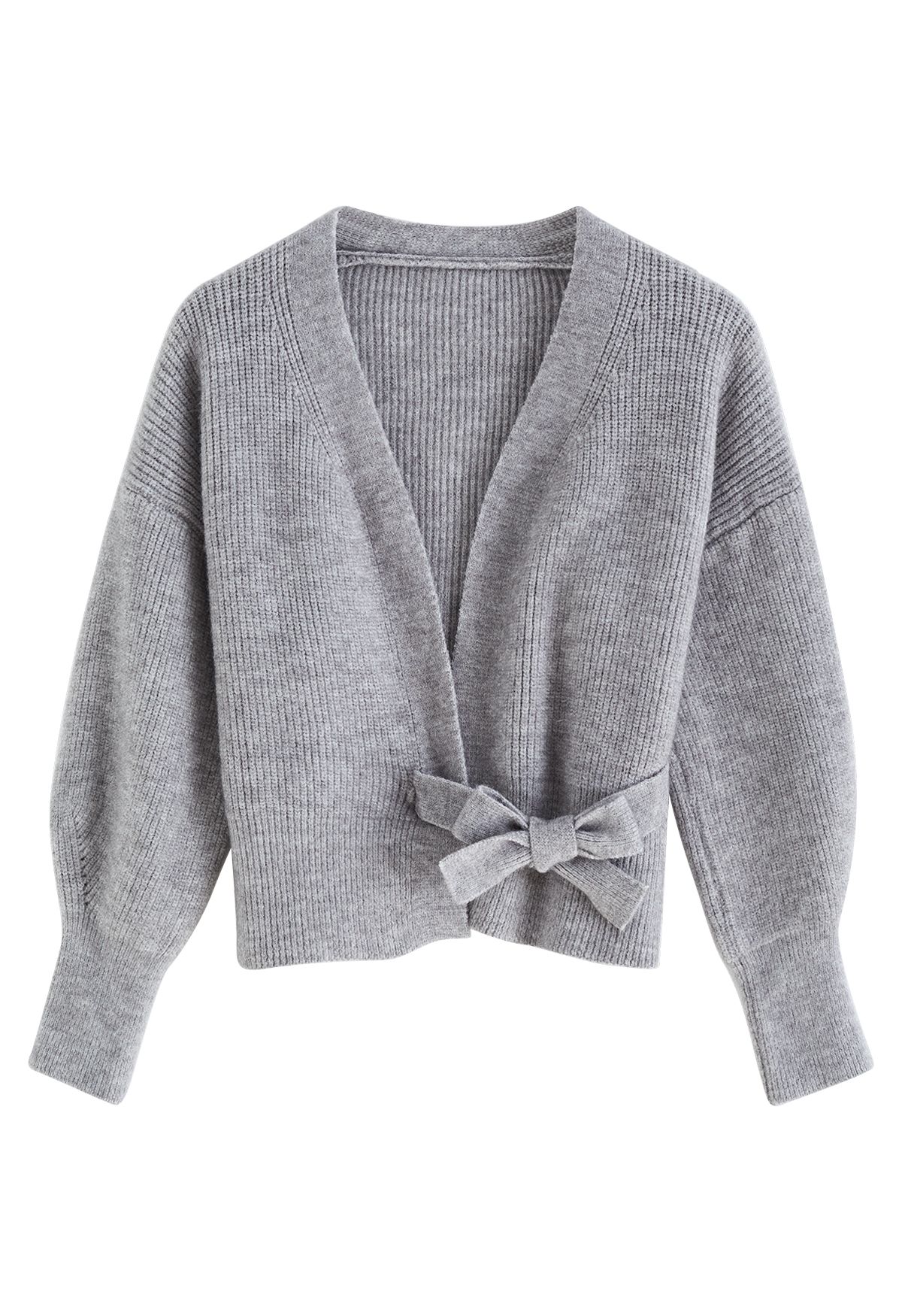 Self-Tie Bowknot Wrap Knit Top in Grey