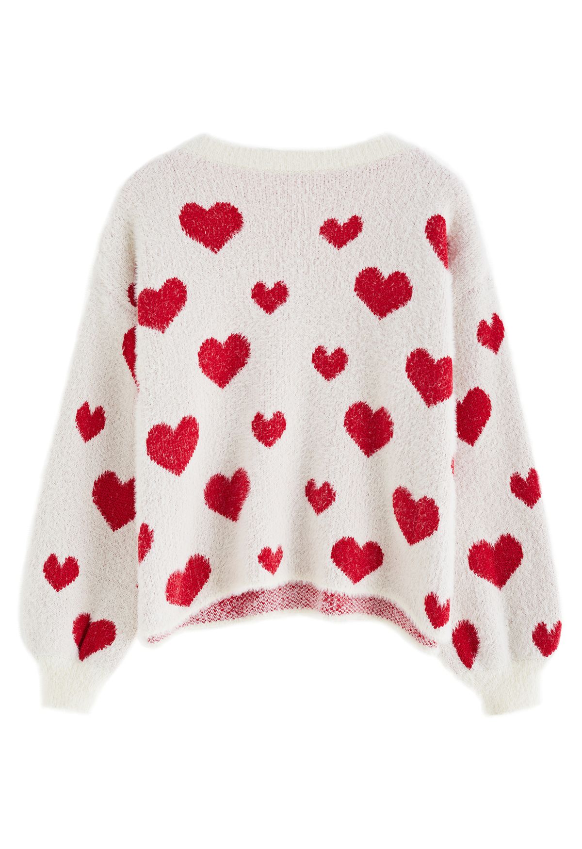 Fuzzy Contrast Heart Knit Sweater in Ivory