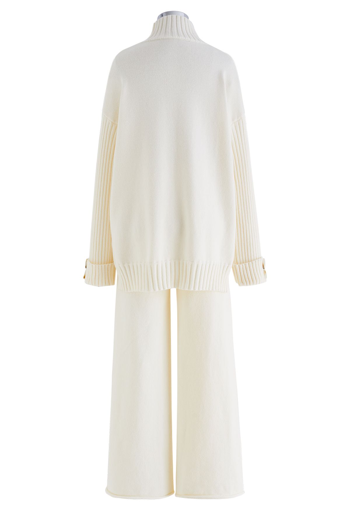 High Neck Buttoned Cuff Sweater and Knit Pants Set in Cream