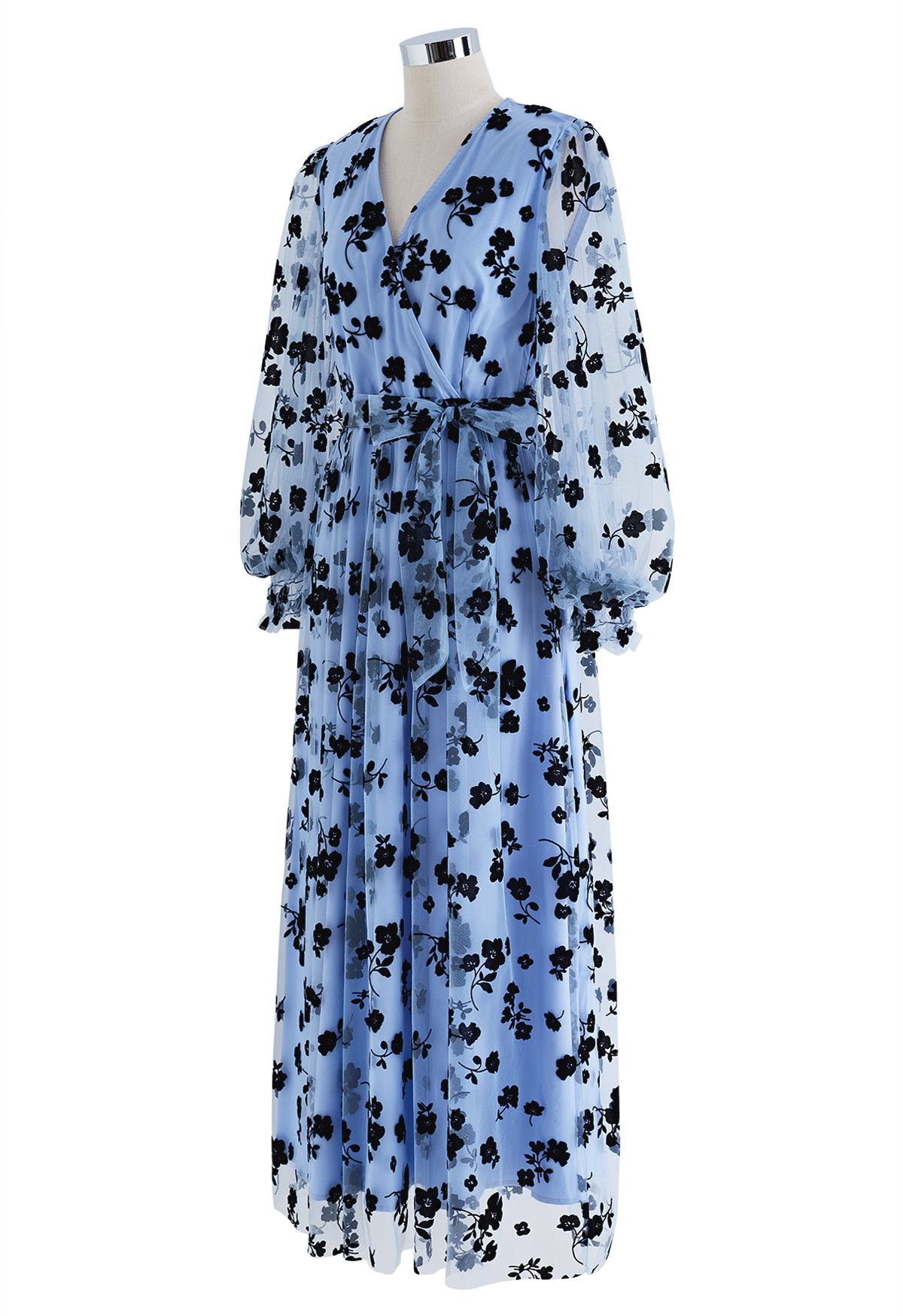 3D Posy Mesh Wrap Maxi Dress in Blue