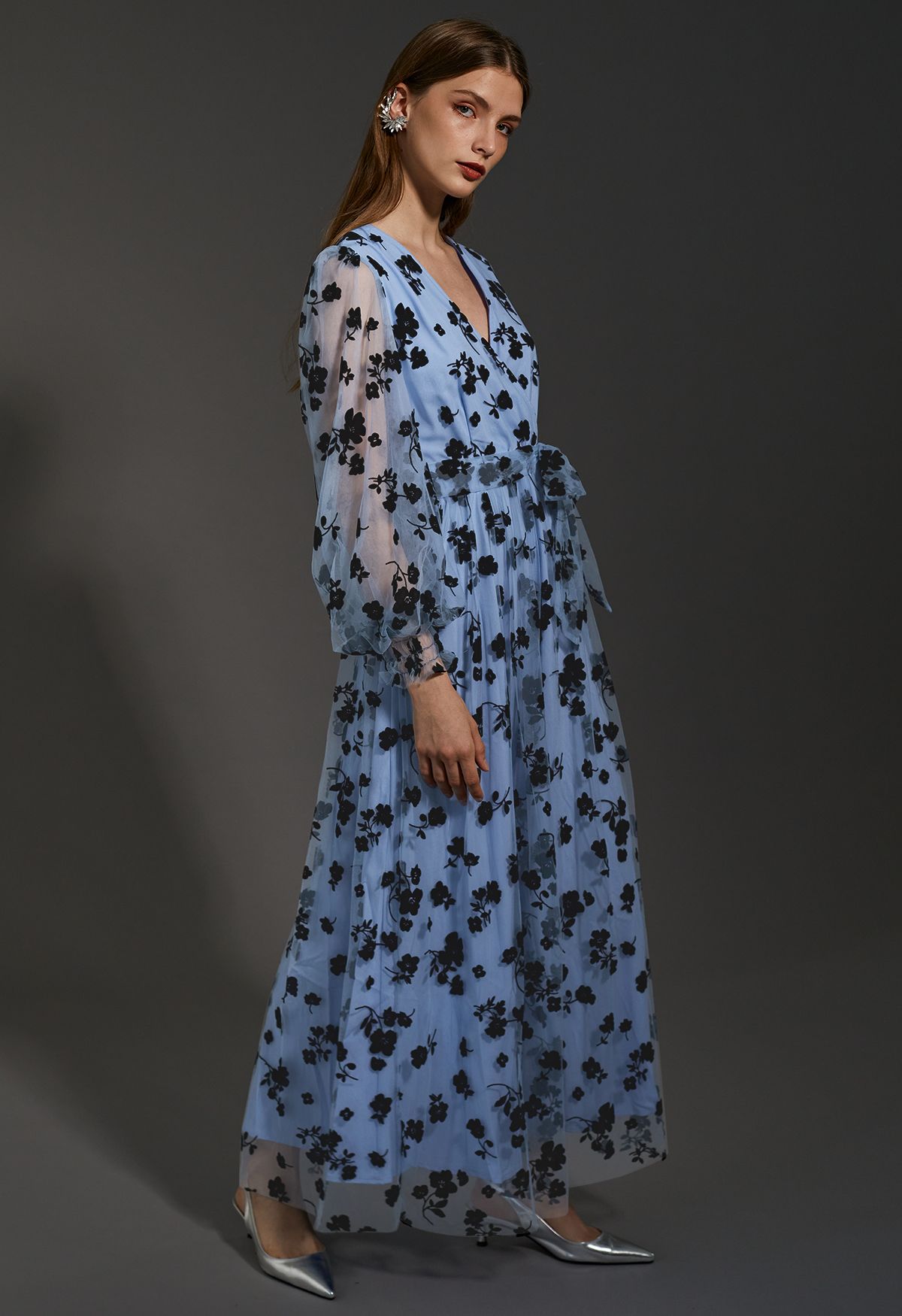3D Posy Mesh Wrap Maxi Dress in Blue