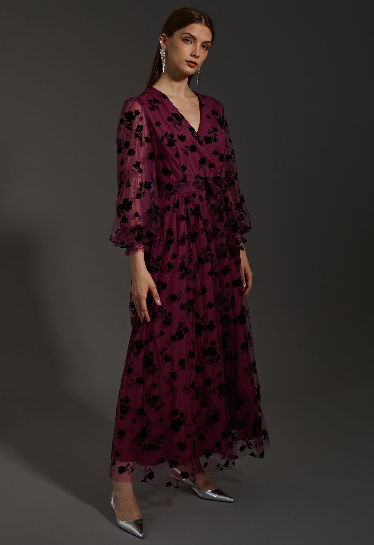 3D Posy Mesh Wrap Maxi Dress in Burgundy