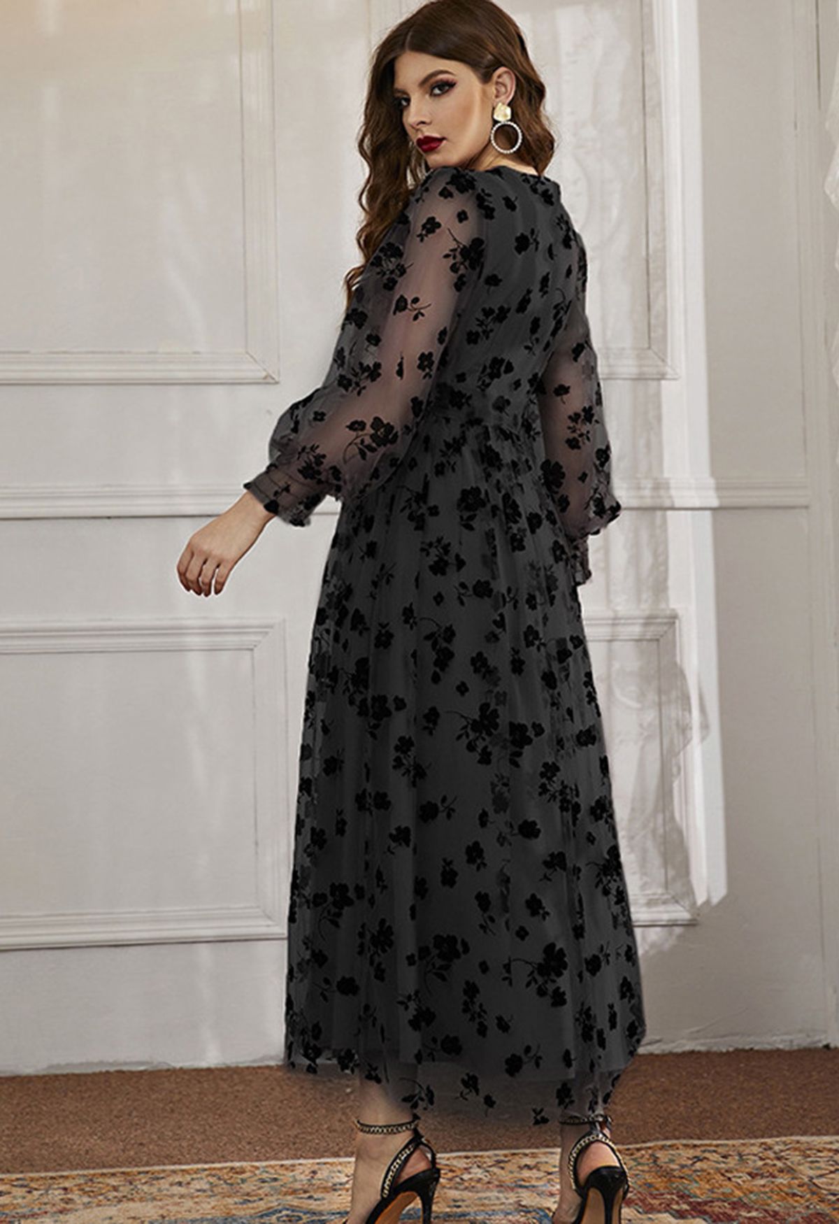 3D Posy Mesh Wrap Maxi Dress in Black