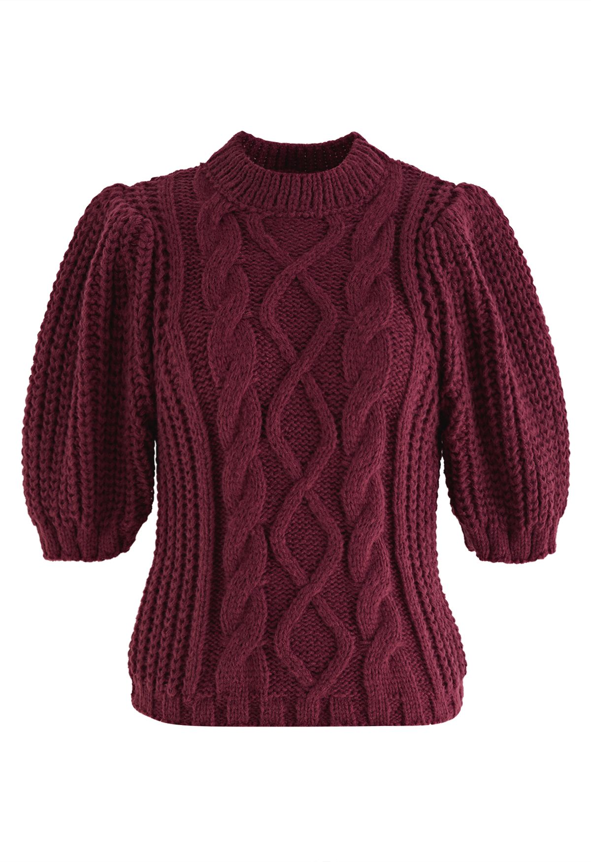 Bubble Sleeve Braided Ribbed Sweater in Burgundy