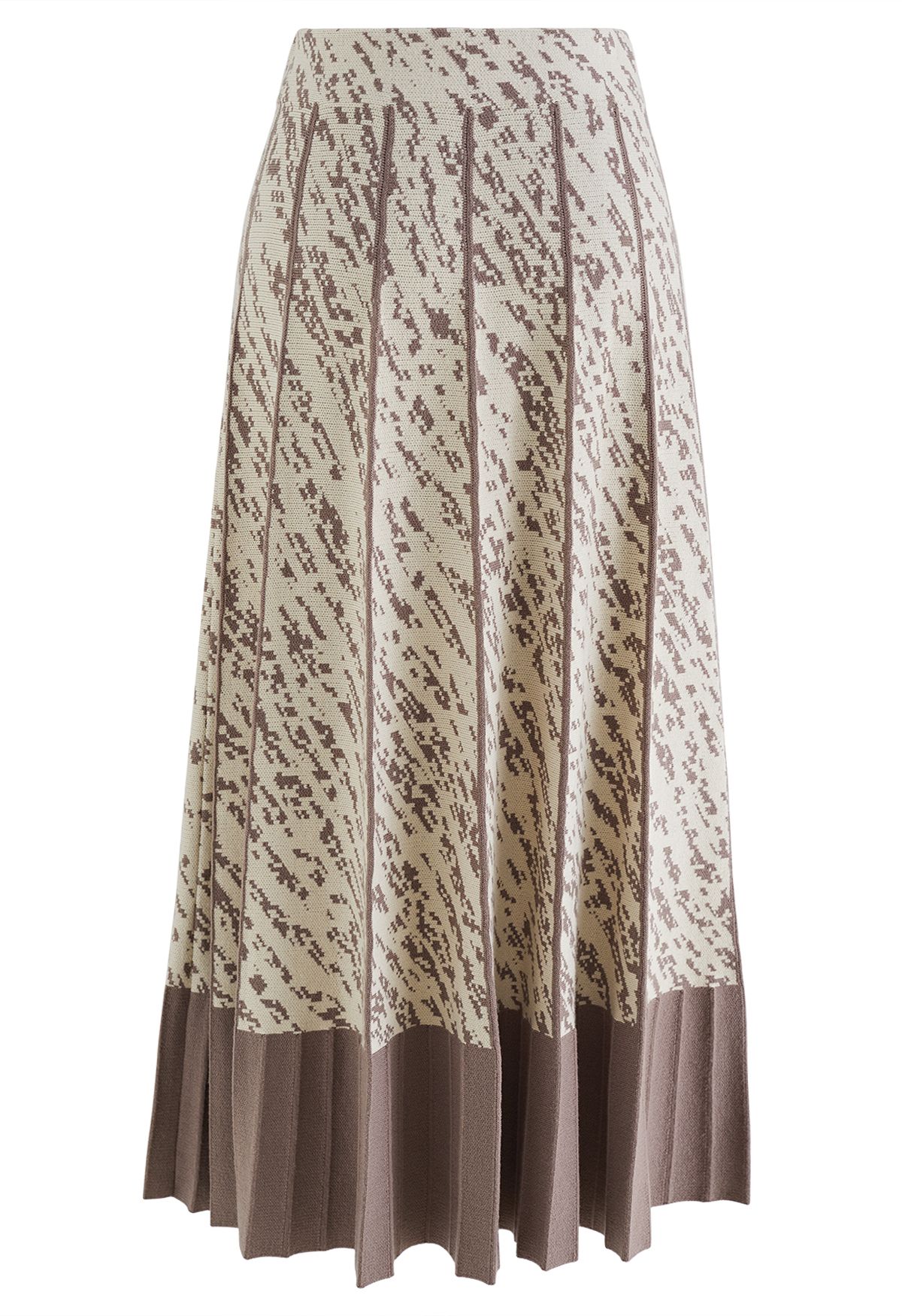 Contrast Hem A-line Pleated Knit Skirt in Brown