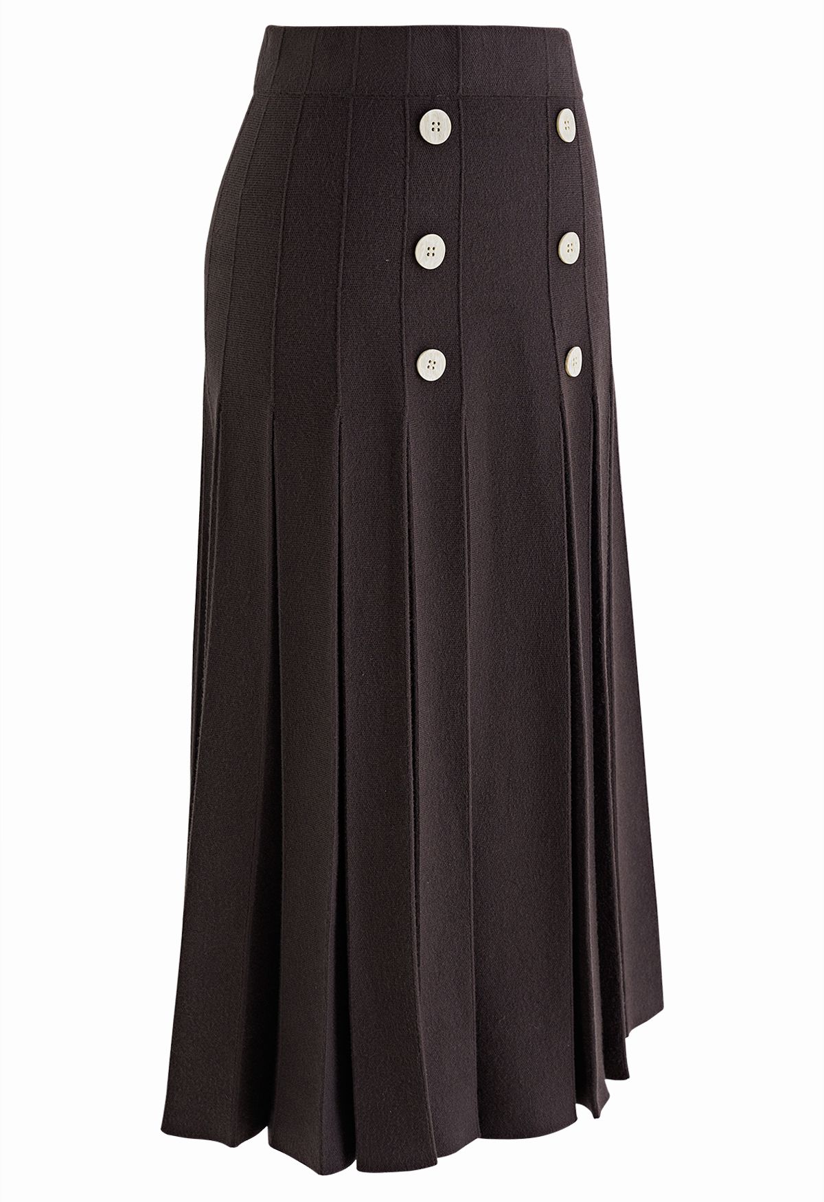 Buttoned Pleated Knit Midi Skirt in Brown