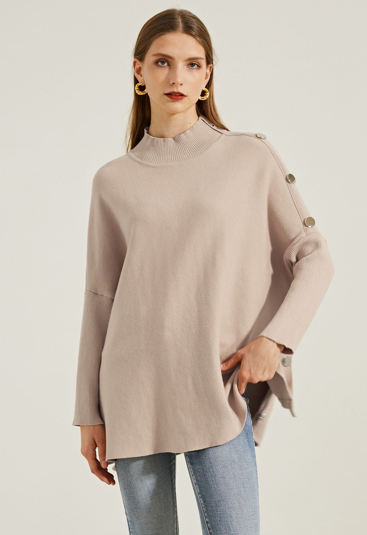 Side Buttoned Flap High Neck Knit Poncho in Camel