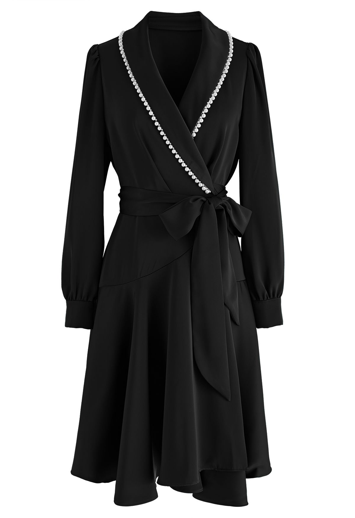 Pearl Trim Wrapped Satin Midi Dress in Black
