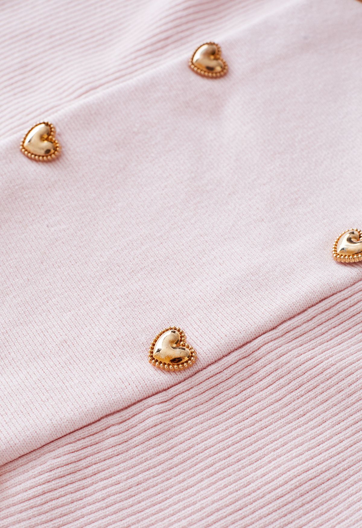 Heart-Shape Buttons Square Neck Knit Top in Light Pink