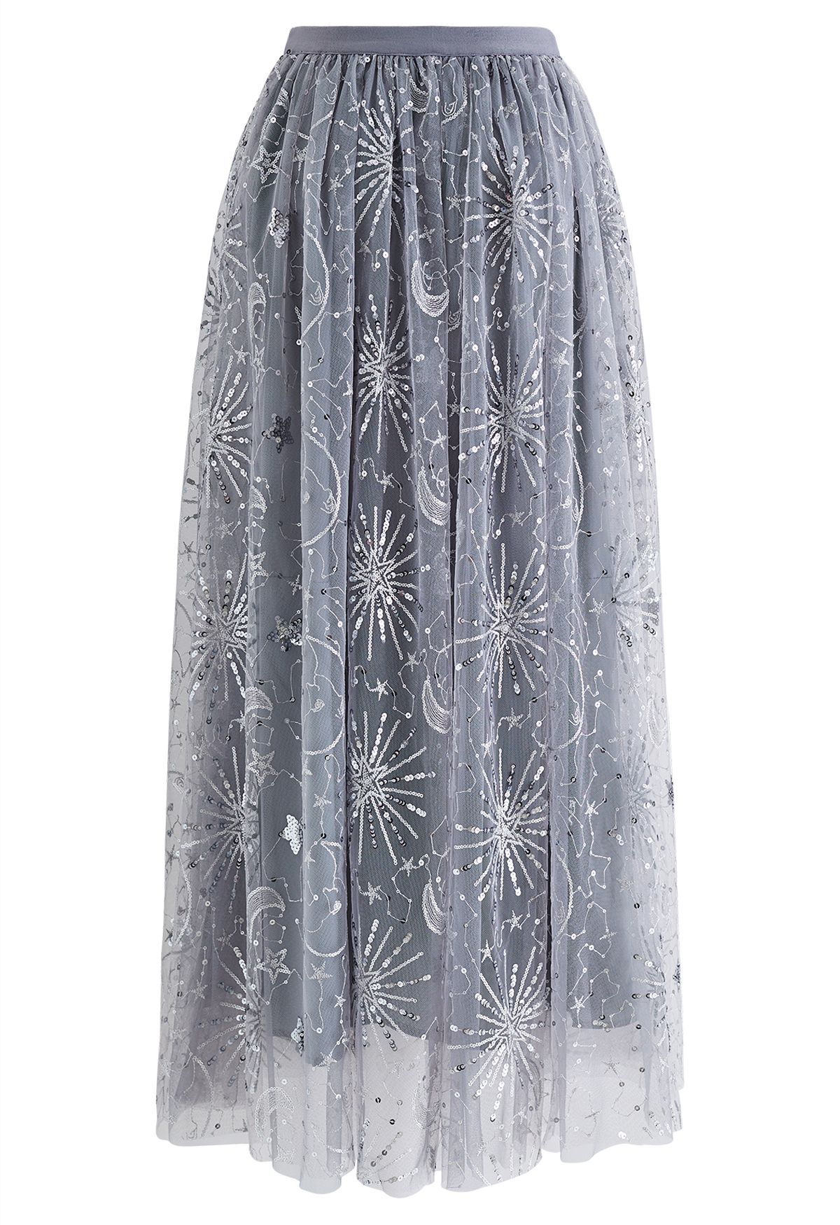 Moon and Star Sequin-Embellished Tulle Maxi Skirt in Grey