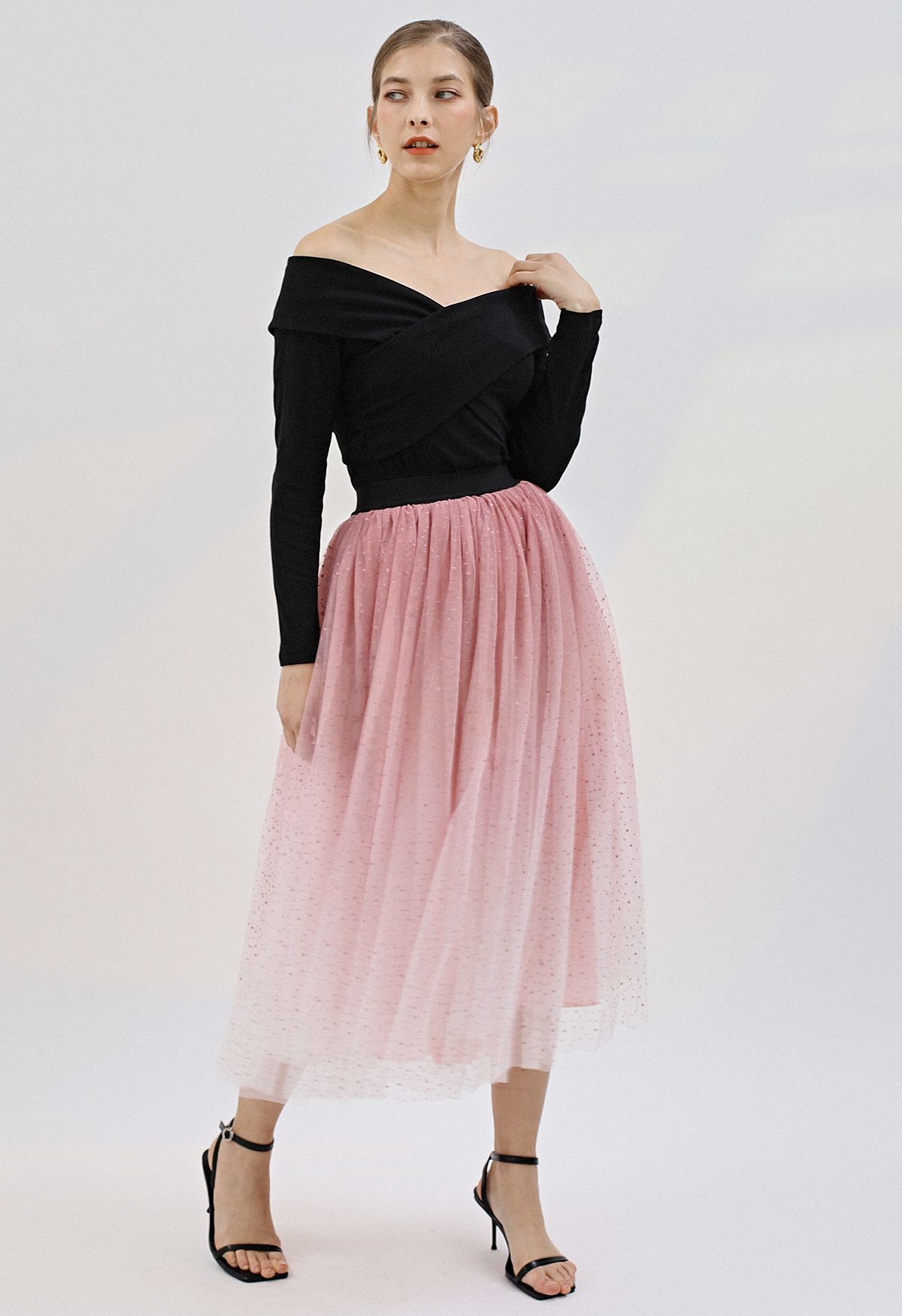 Festive Sparkle Ombre Tulle Midi Skirt in Pink