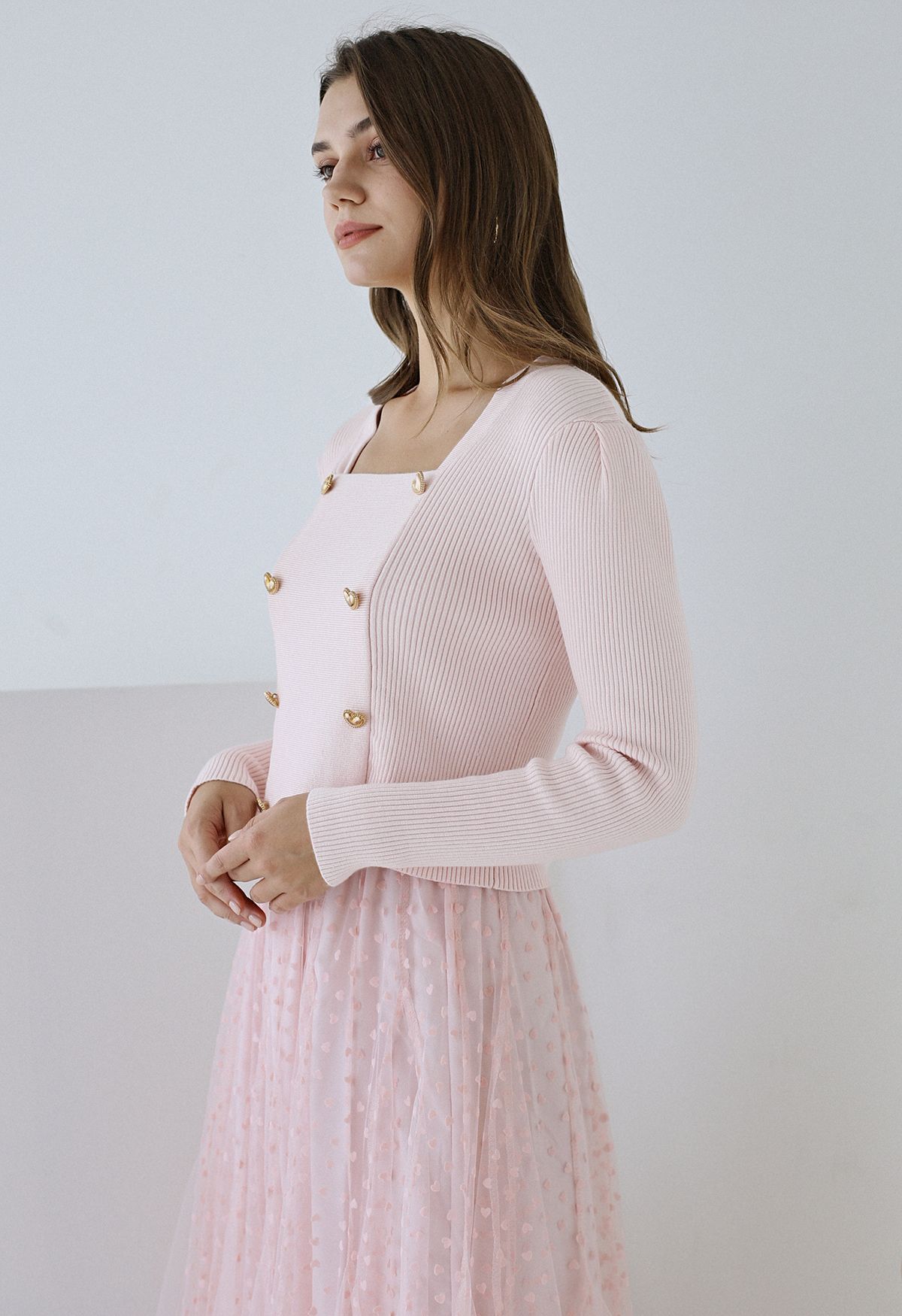 Heart-Shape Buttons Square Neck Knit Top in Light Pink