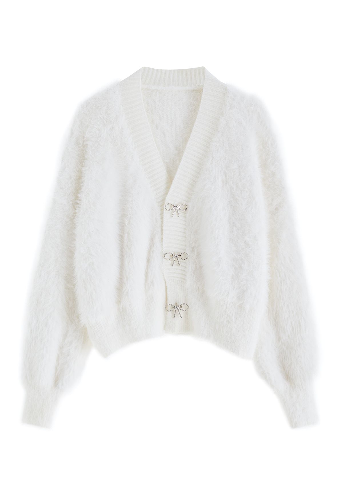 Bowknot Brooch Fuzzy Knit Cardigan in White
