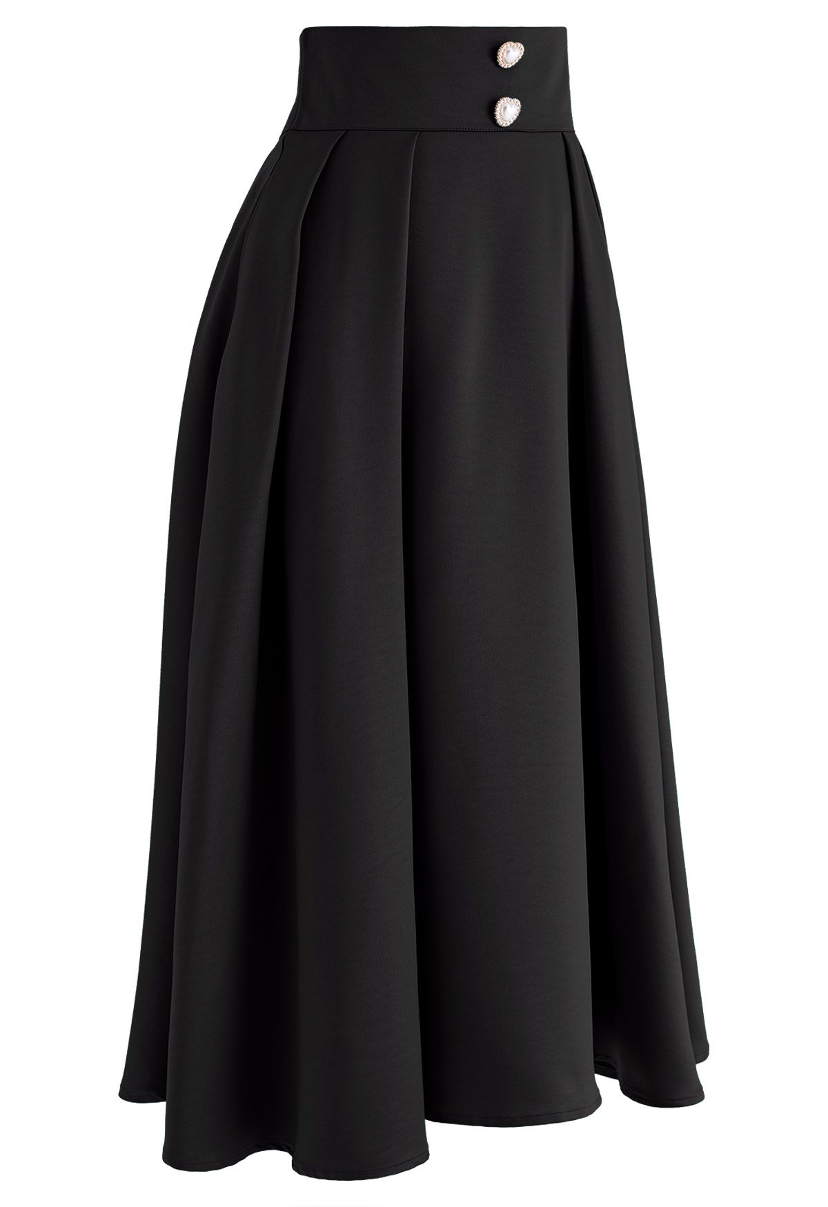 Pearl Heart Buttoned A-Line Midi Skirt in Black
