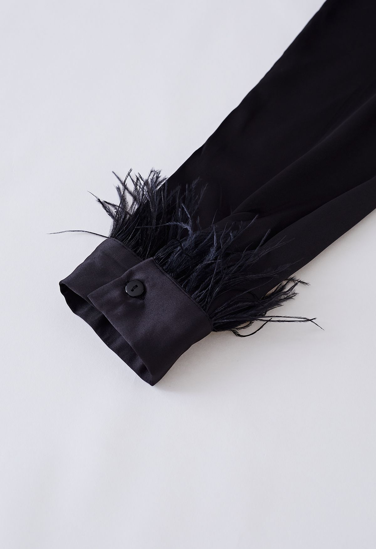 Feather Trim Cuffs Satin Shirt in Black