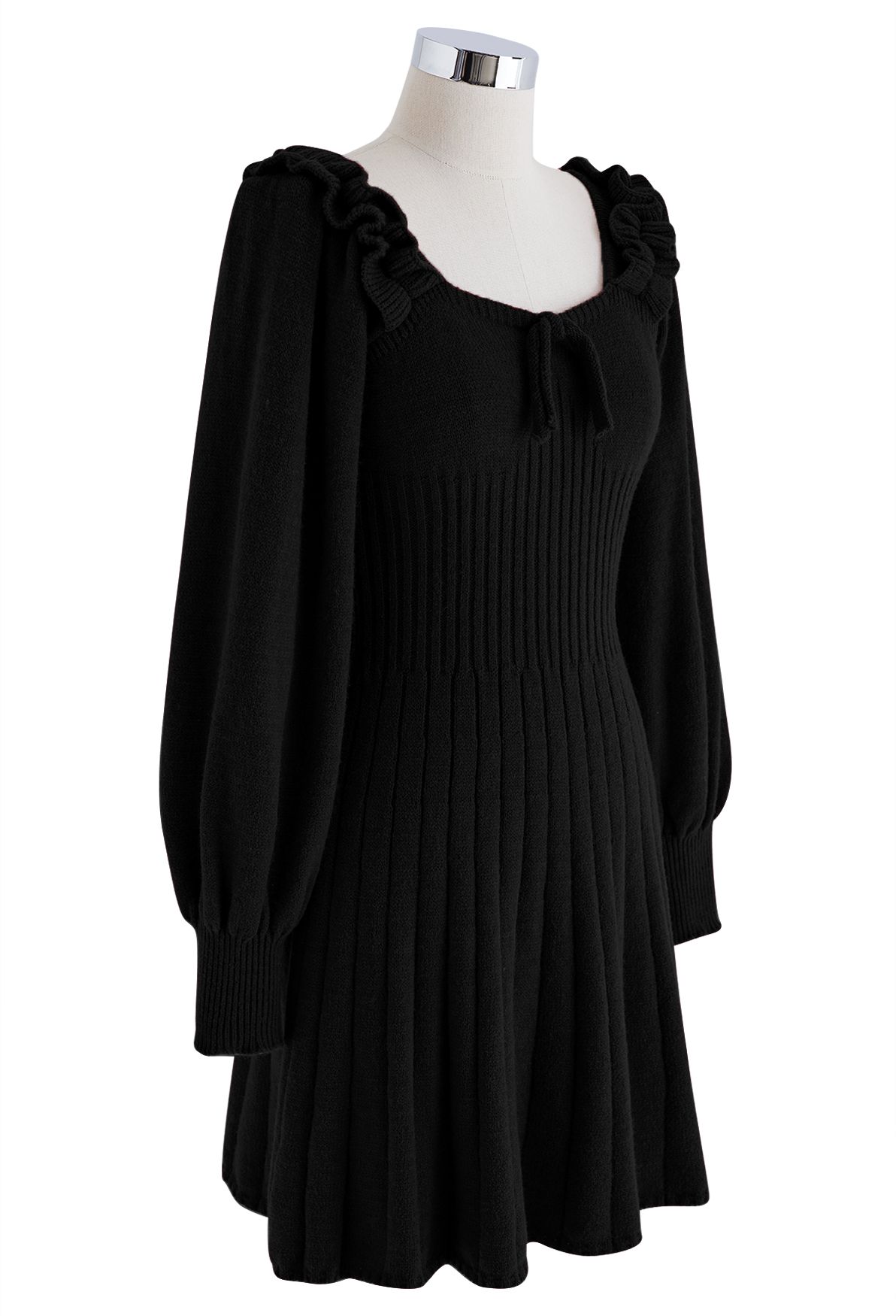 Tie-Bow Scoop Neck Knit Mini Dress in Black