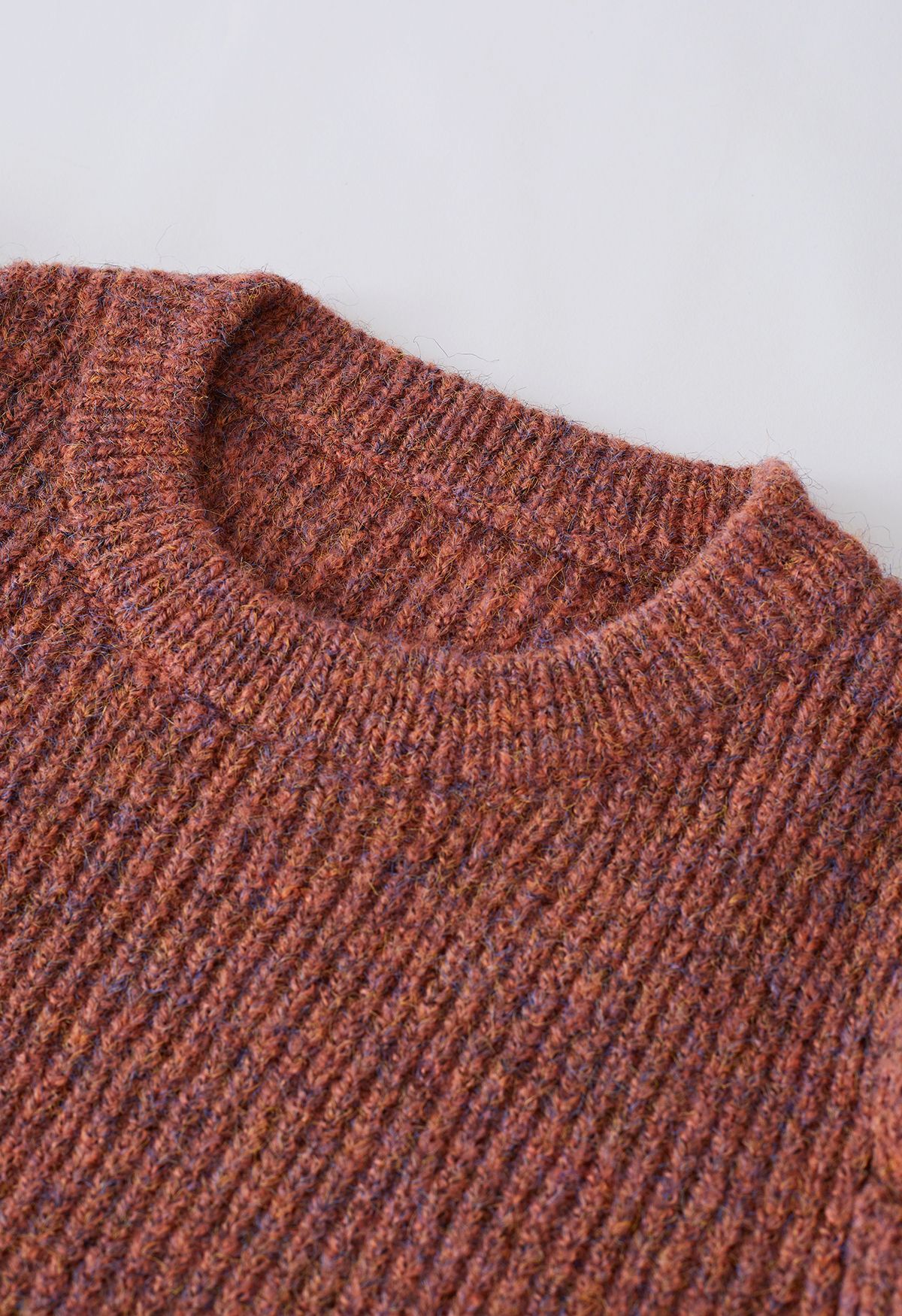 Mix-Knit Puff Sleeve Ribbed Sweater in Rust Red