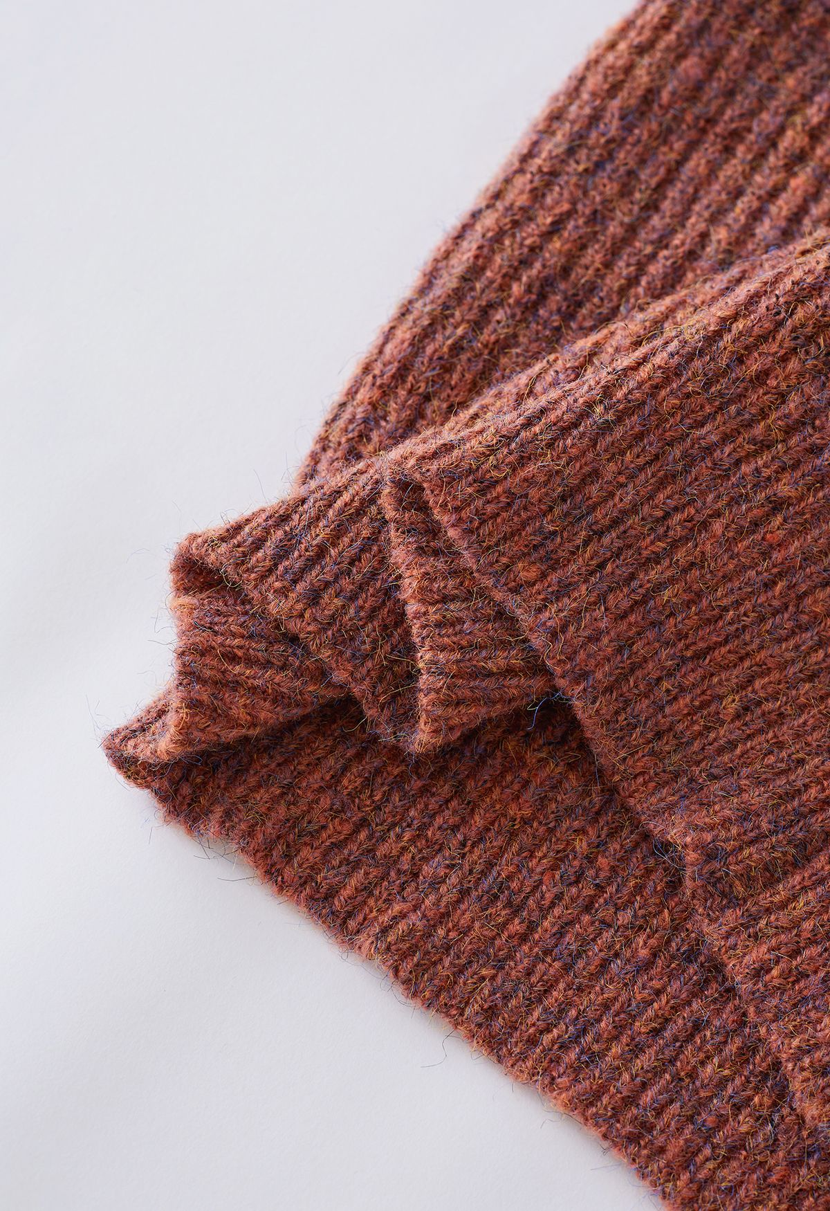 Mix-Knit Puff Sleeve Ribbed Sweater in Rust Red